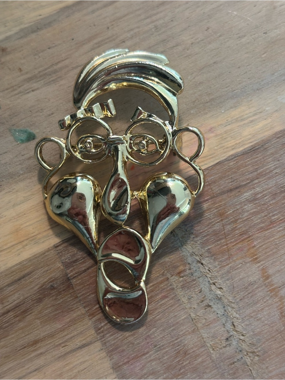 Gold Plated Abstract Face Brooch